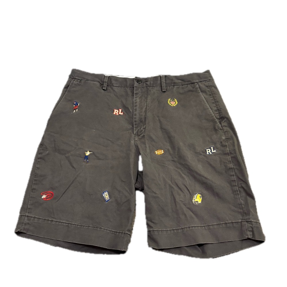 Polo Ralph Lauren Men 32x9 Gray Embroidered Sports Football Chino Shorts Stretch